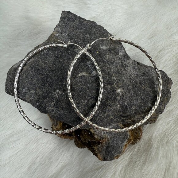 Silver Tone Twisted Hoop Pierced Earrings 2" Drop - Picture 1 of 5